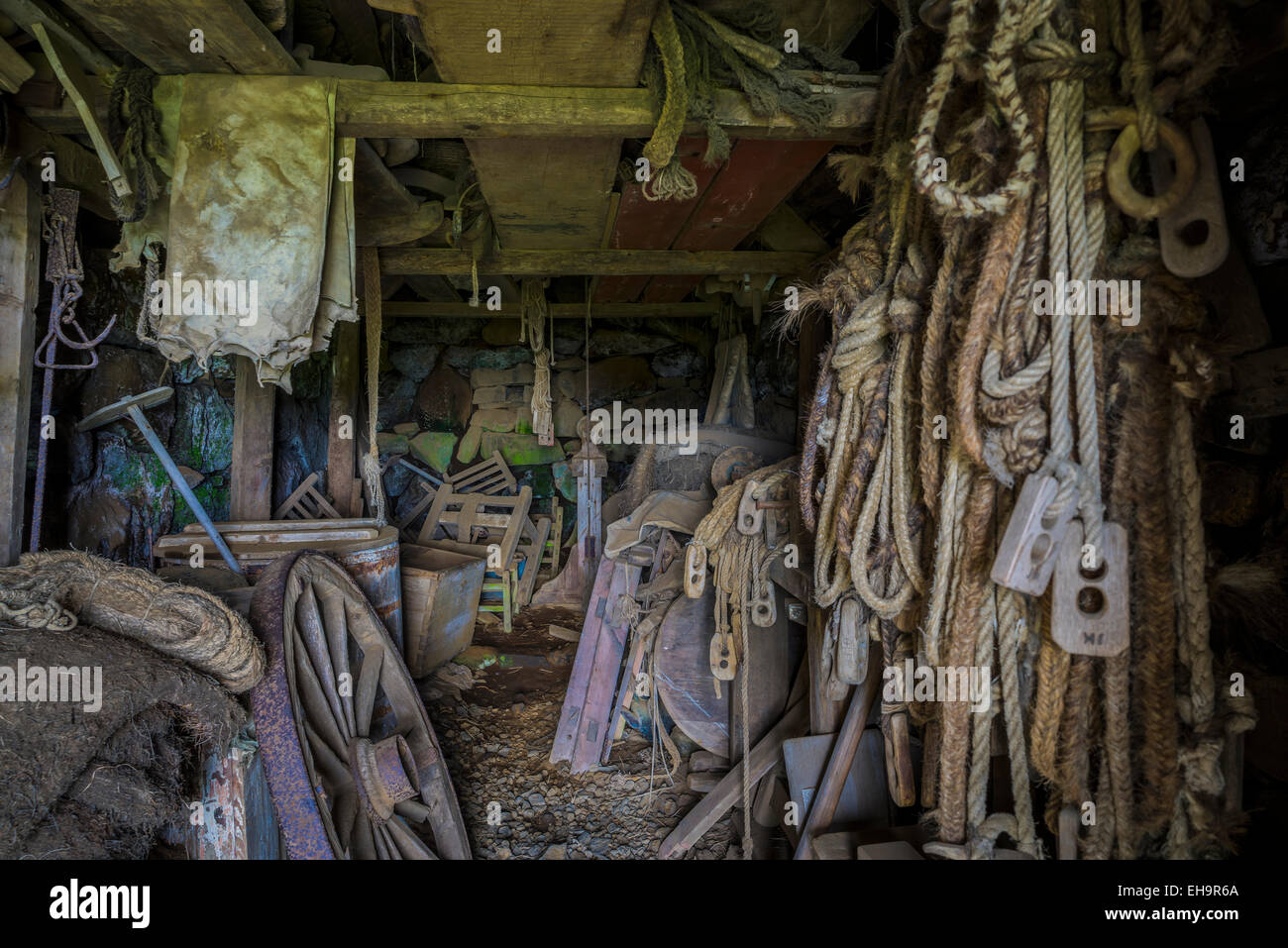 Antique ropes and other miscellaneous items used in agriculture, Skogar Museum, Iceland Stock Photo