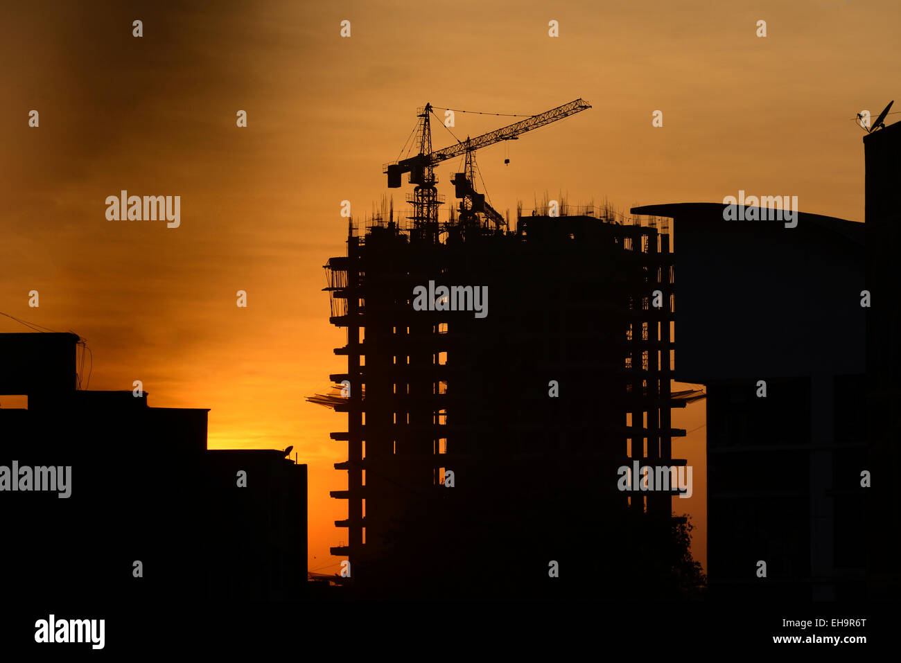 Silhouette of Construction Site Stock Photo