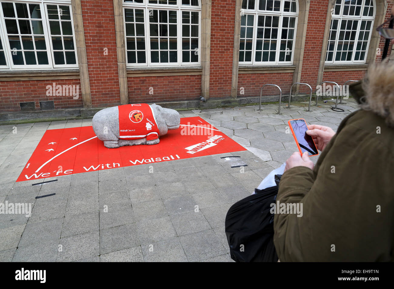 Walsall Football Club promotion in Walsall town centre in preparation for their trip to Wembley. A concrete hippo Stock Photo