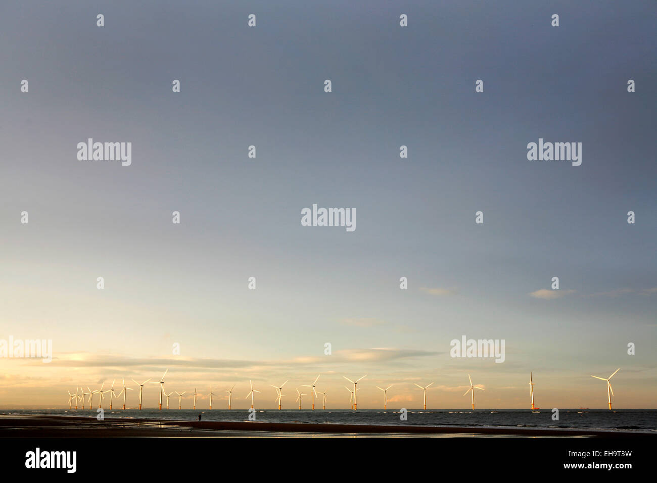 Wind turbines in the North Sea near the town of Redcar, Teeside, UK. Stock Photo