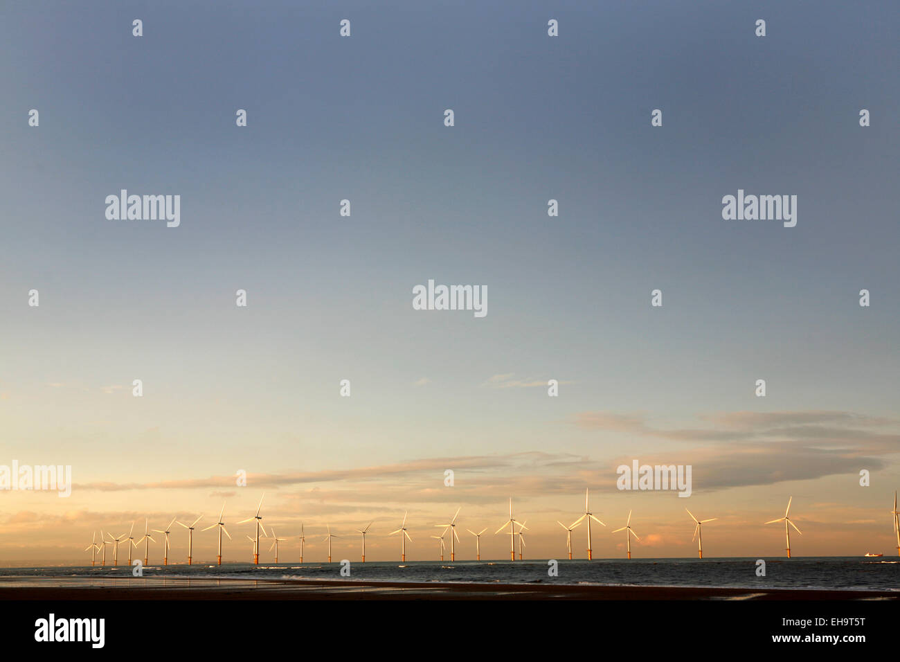 Wind turbines in the North Sea near the town of Redcar, Teeside, UK. Stock Photo