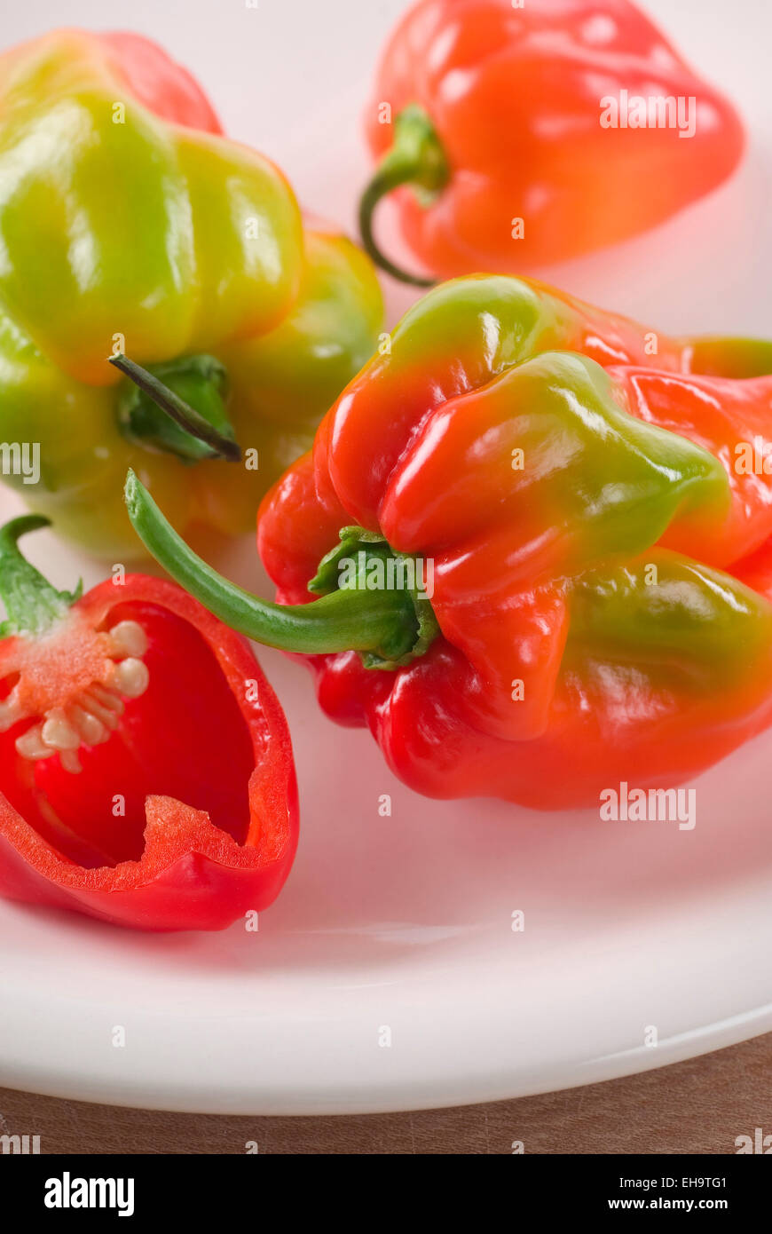 Fresh habanero on a plate. Very hot chili. Stock Photo