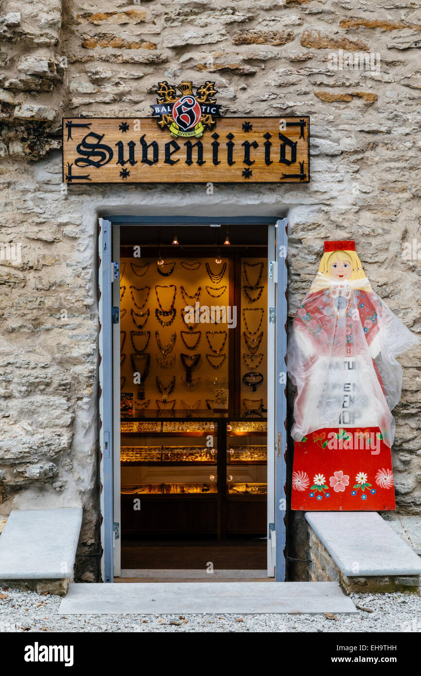 Entrance to Estonian shop 'Subeniirid' selling amber jewelery and traditional Estonian souvenirs, Tallinn, Estonia Stock Photo