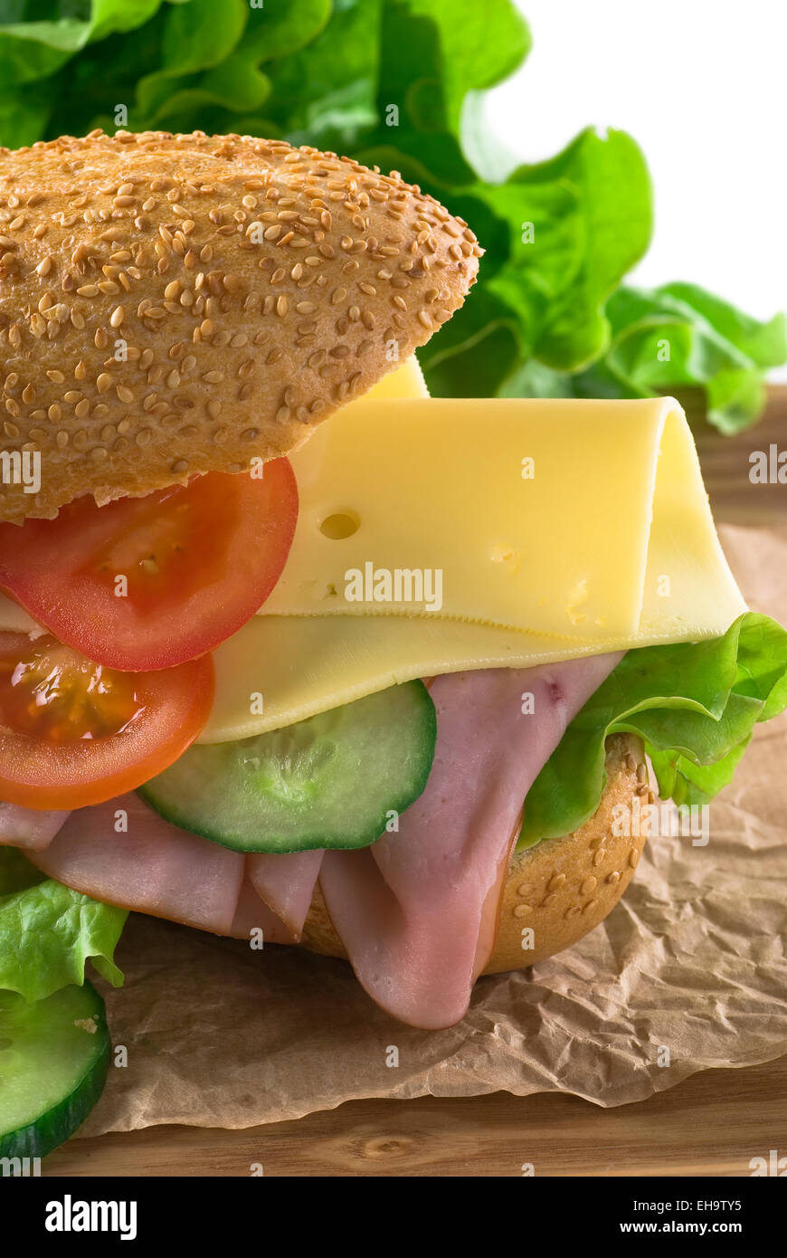 Ham, tomato, cucumber sandwich. Stock Photo