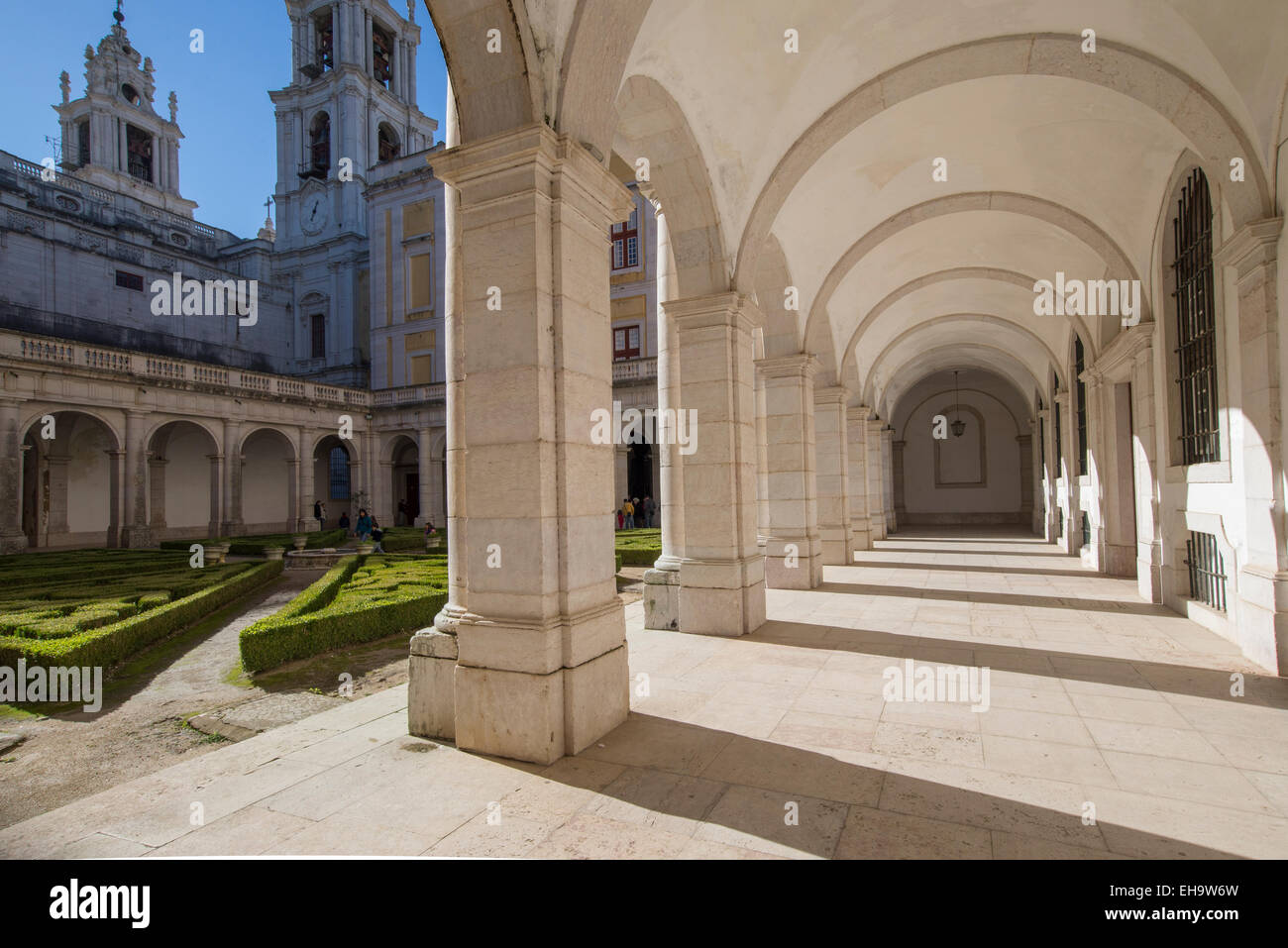 North Cloister of the Mafra National Palace, Convent and Basilica in Portugal. Franciscan Religious Order. Baroque architecture. Stock Photo
