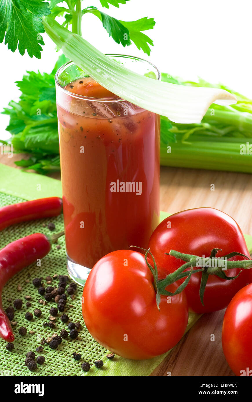 Fresh tomato juice with celery. Stock Photo