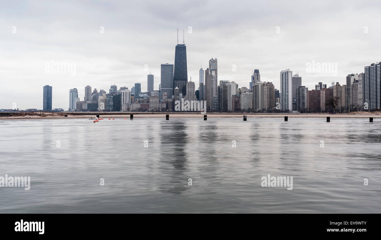 Chicago, USA.  The John Hancock Center dominates the downtown Chicago skyline, as seen from North Avenue beach. Stock Photo