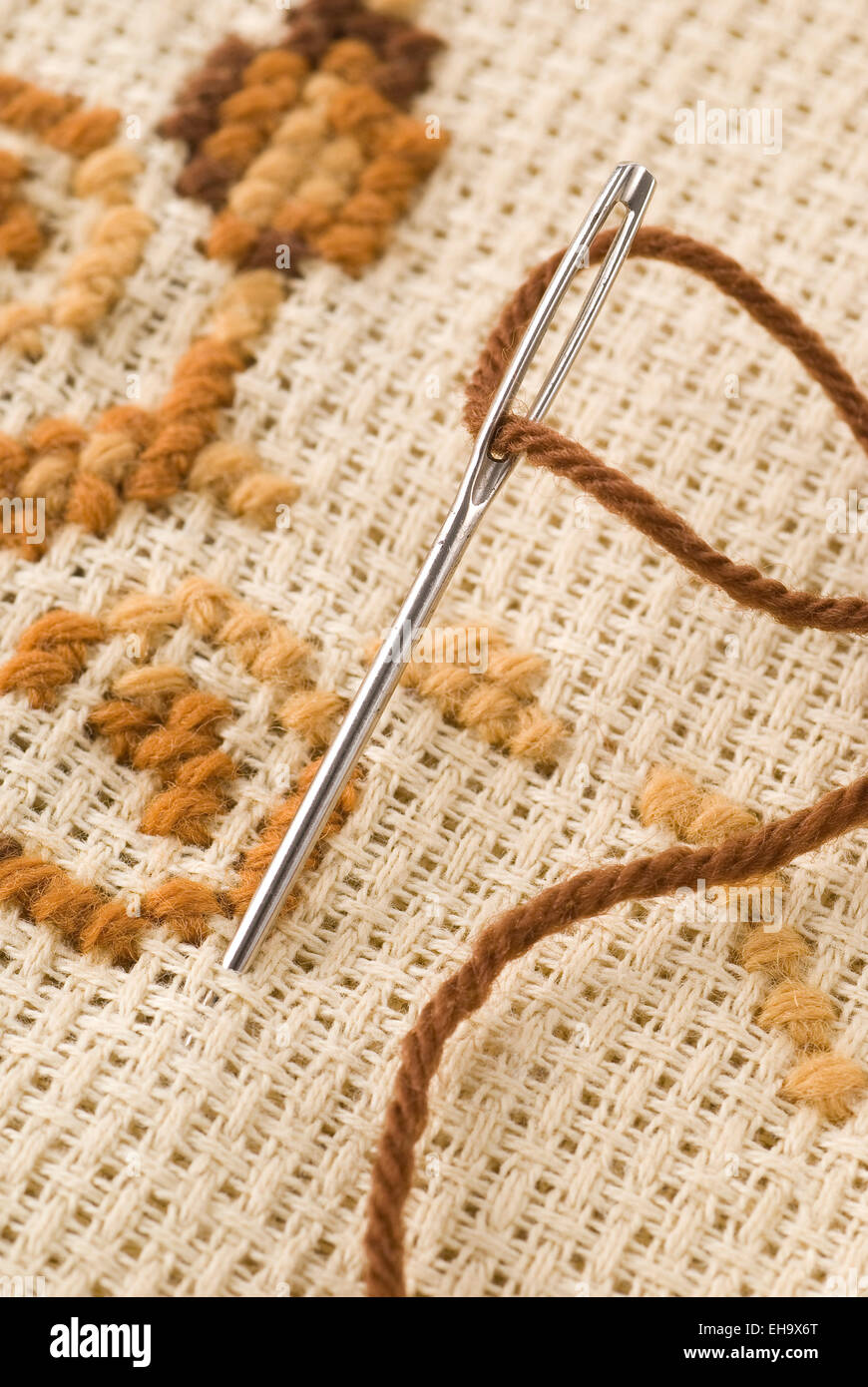 Brown/beige embroidery with needle. Stock Photo