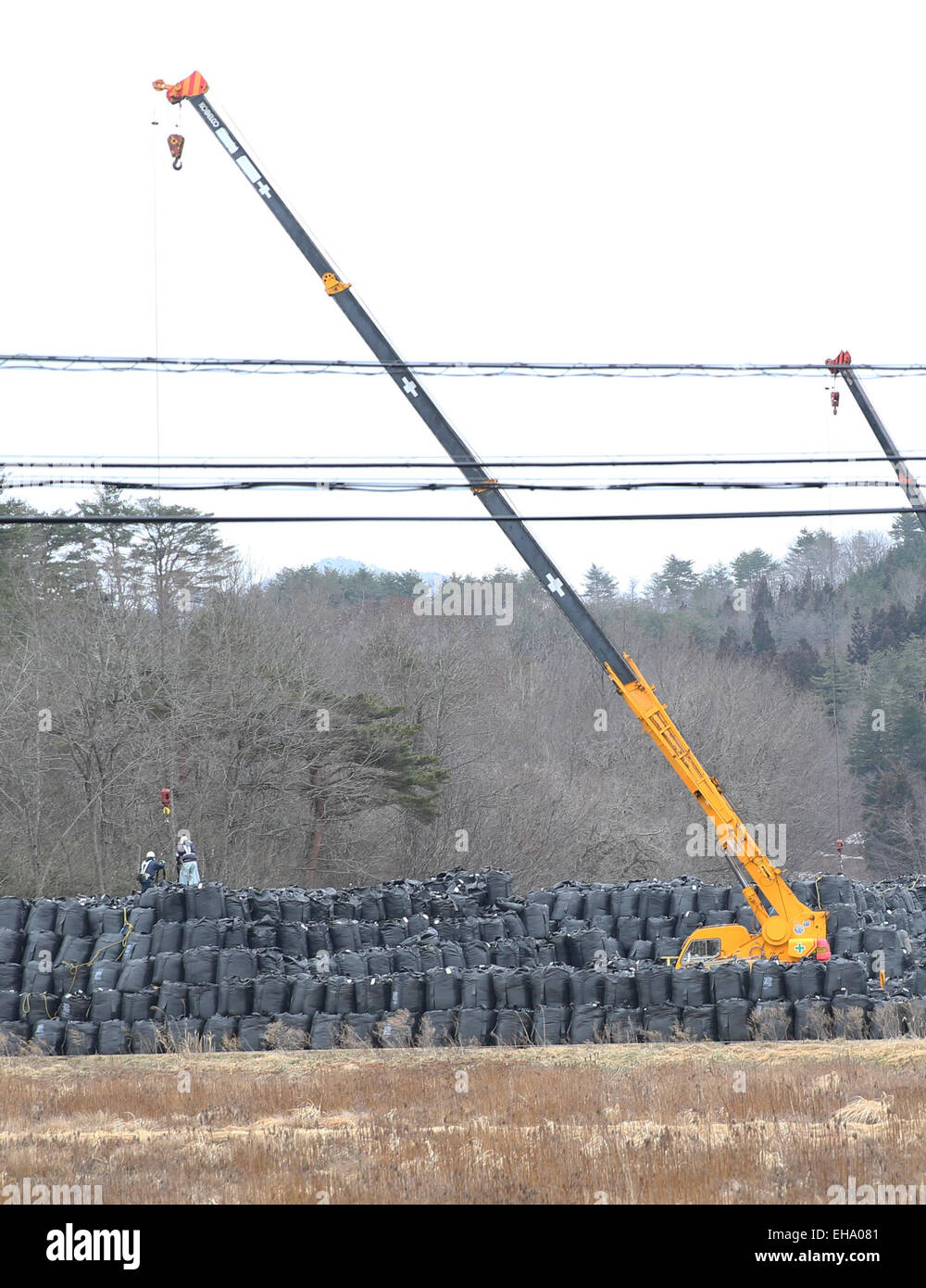 (150310) -- FUKUSHIMA, March 10, 2015 (Xinhua) -- Black bags containing buildup of contaminated wastes are seen in the town of Iitate, Fukushima Prefecture, Japan, March 7, 2015. The scenes from the towns and villages still abandoned four years after an earthquake triggered tsunami breached the defenses of the Fukushima Daiichi nuclear power plant, would make for the perfect backdrop for a post- apocalyptic Hollywood zombie movie, but the trouble would be that the levels of radiation in the area would be too dangerous for the cast and crew. The central government's maxim of 'Everything is unde Stock Photo