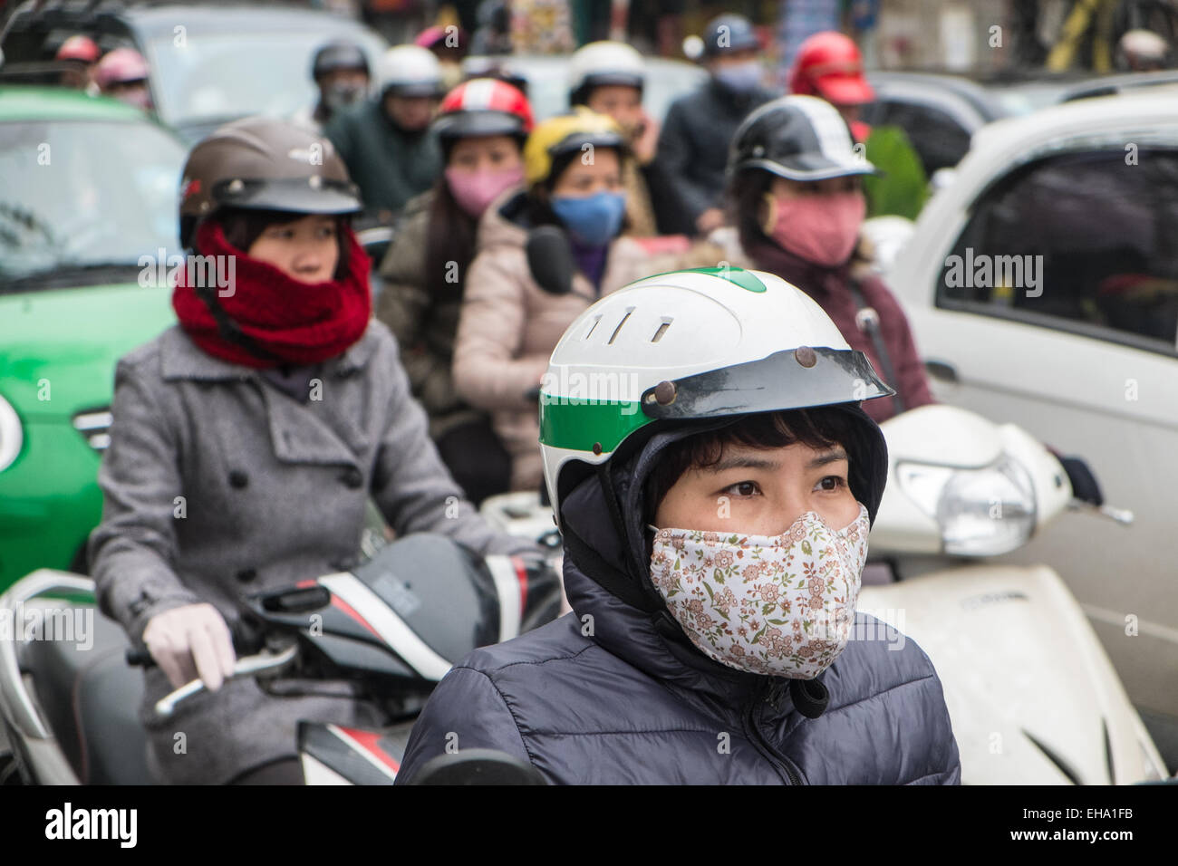 Traffic jam pollution face mask.Asia,Asian,Face mask.Scooters,pollution