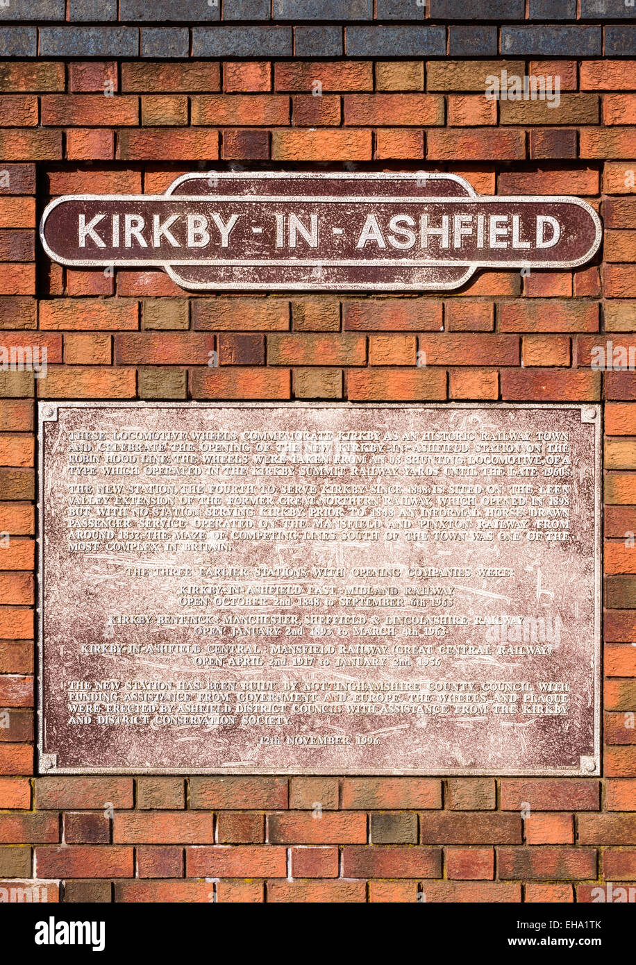 A plaque, located at the train station, explaining the history of the local railway. In Kirkby In Ashfield, Nottinghamshire Stock Photo