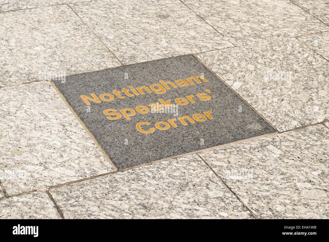 Signage for 'Nottingham Speakers Corner' inset into a slab, off Market