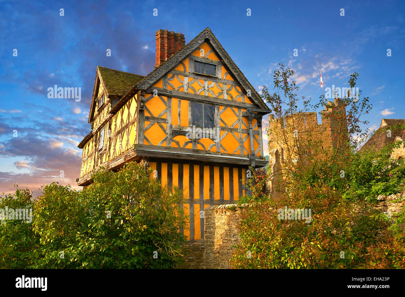 The half timbered gate house  built in the 1280s, Stokesay Castle, Shropshire, Stock Photo