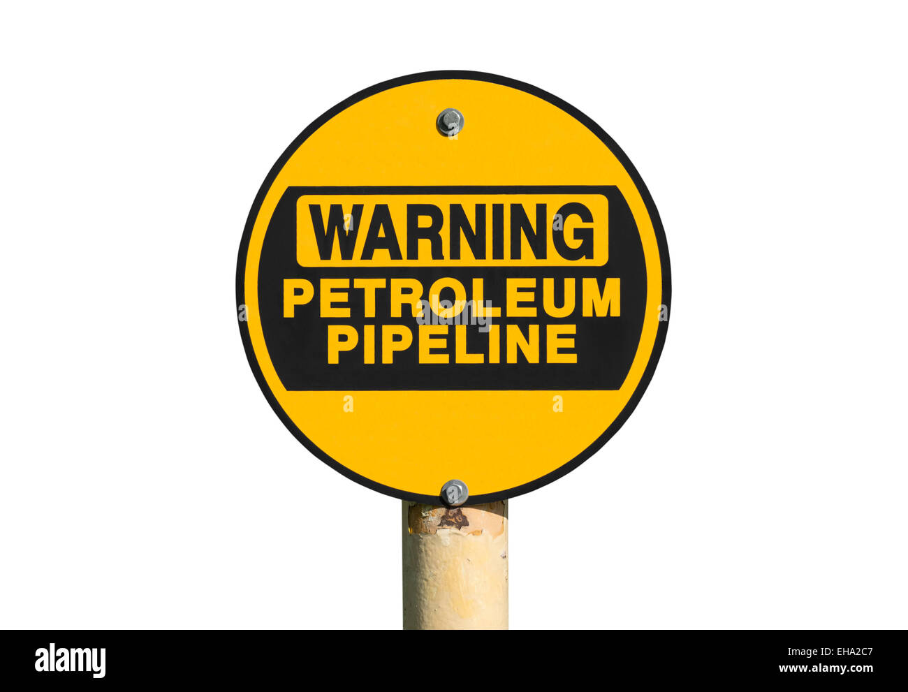 Petroleum pipeline warning sign isolated on white. Stock Photo
