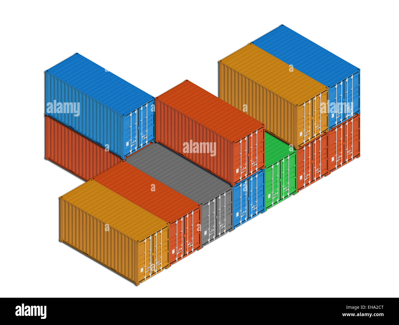 Stacked colorful metal freight shipping containers in a row isolated on