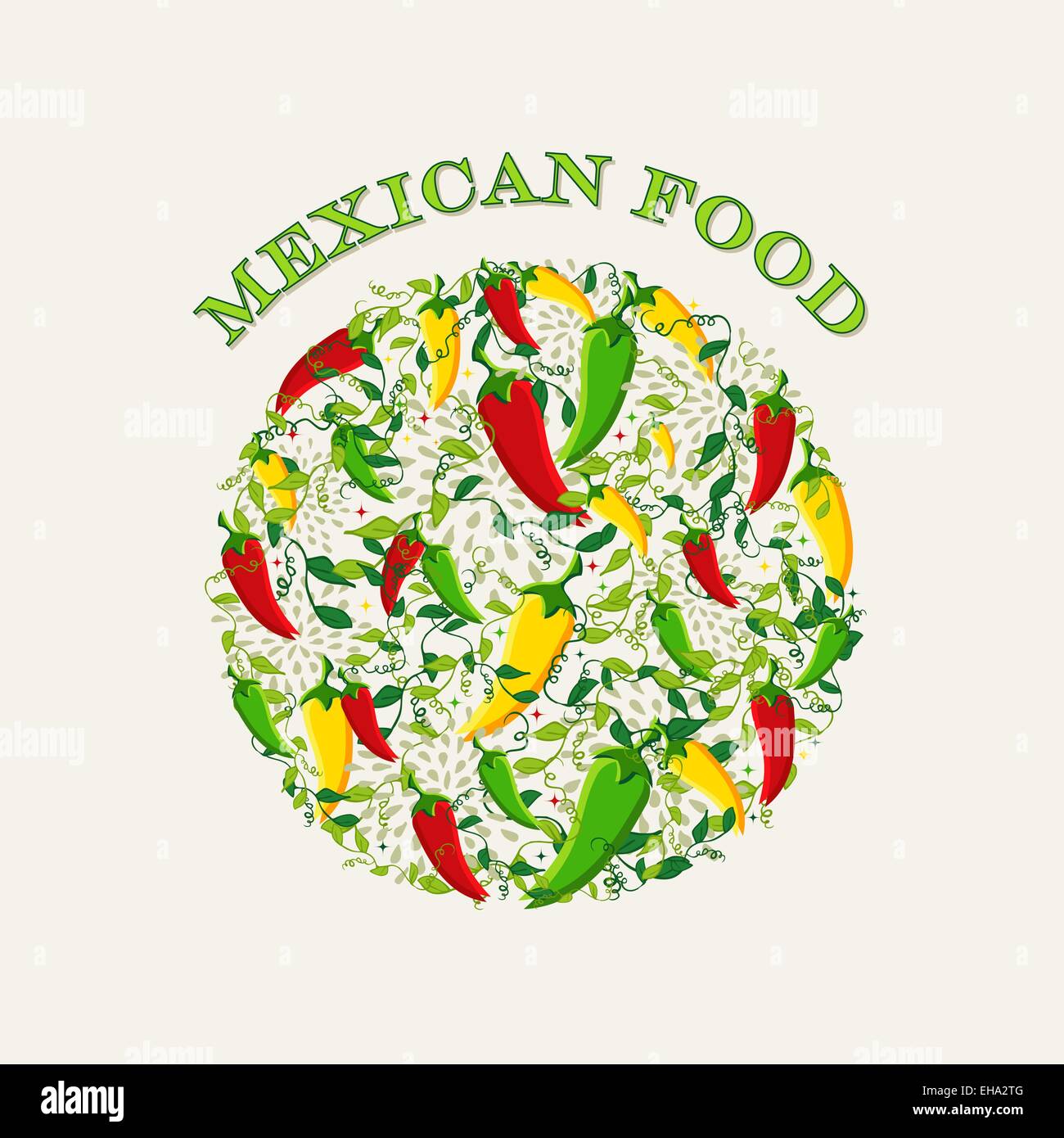 Mexican food background illustration with colorful chili pepper circle shape. Ideas for menu, card, poster and flyer design. Stock Vector