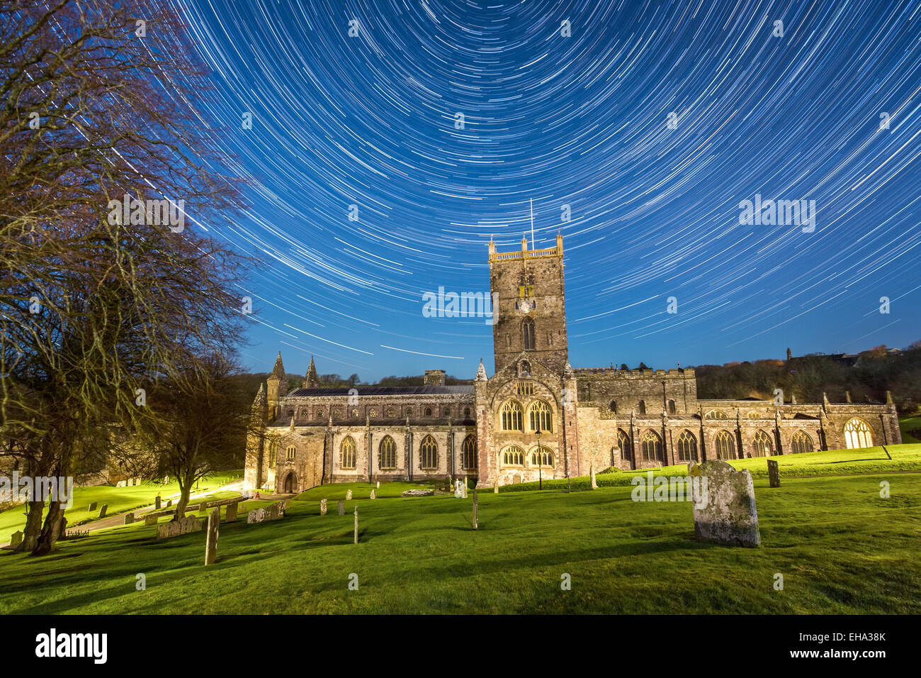 Midnight Mass - Star trails over the iconic St Davids Cathedral in Pembrokeshire, Wales. Made up of 114 images for the stars and Stock Photo