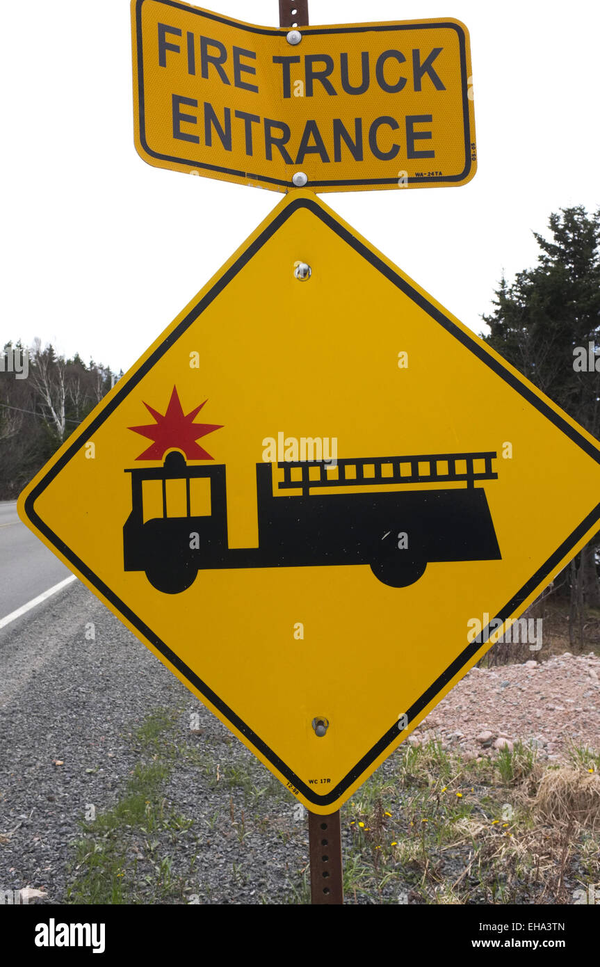 A fire station road sign in Englishtown, N.S. Stock Photo
