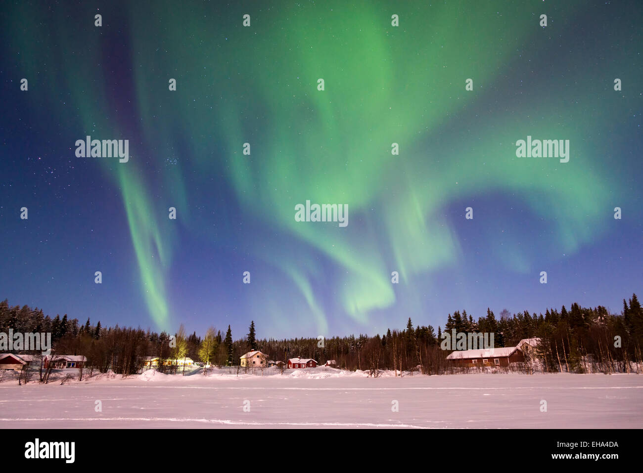 The aurora borealis or Northern Lights in the night sky over a frozen ...
