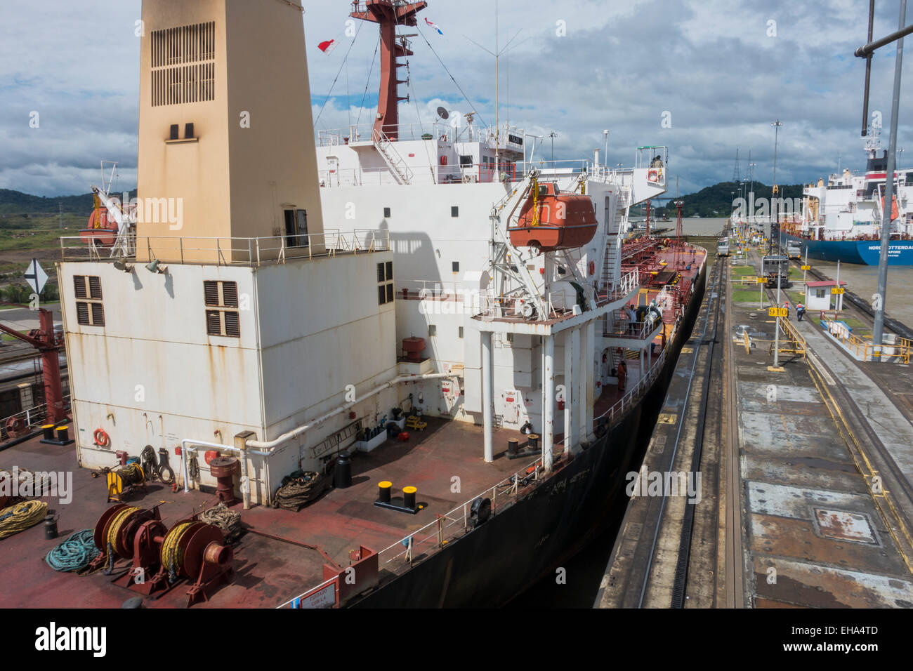 Cargo Ship, Inside Operations in Panama Canal, Panama Stock Photo