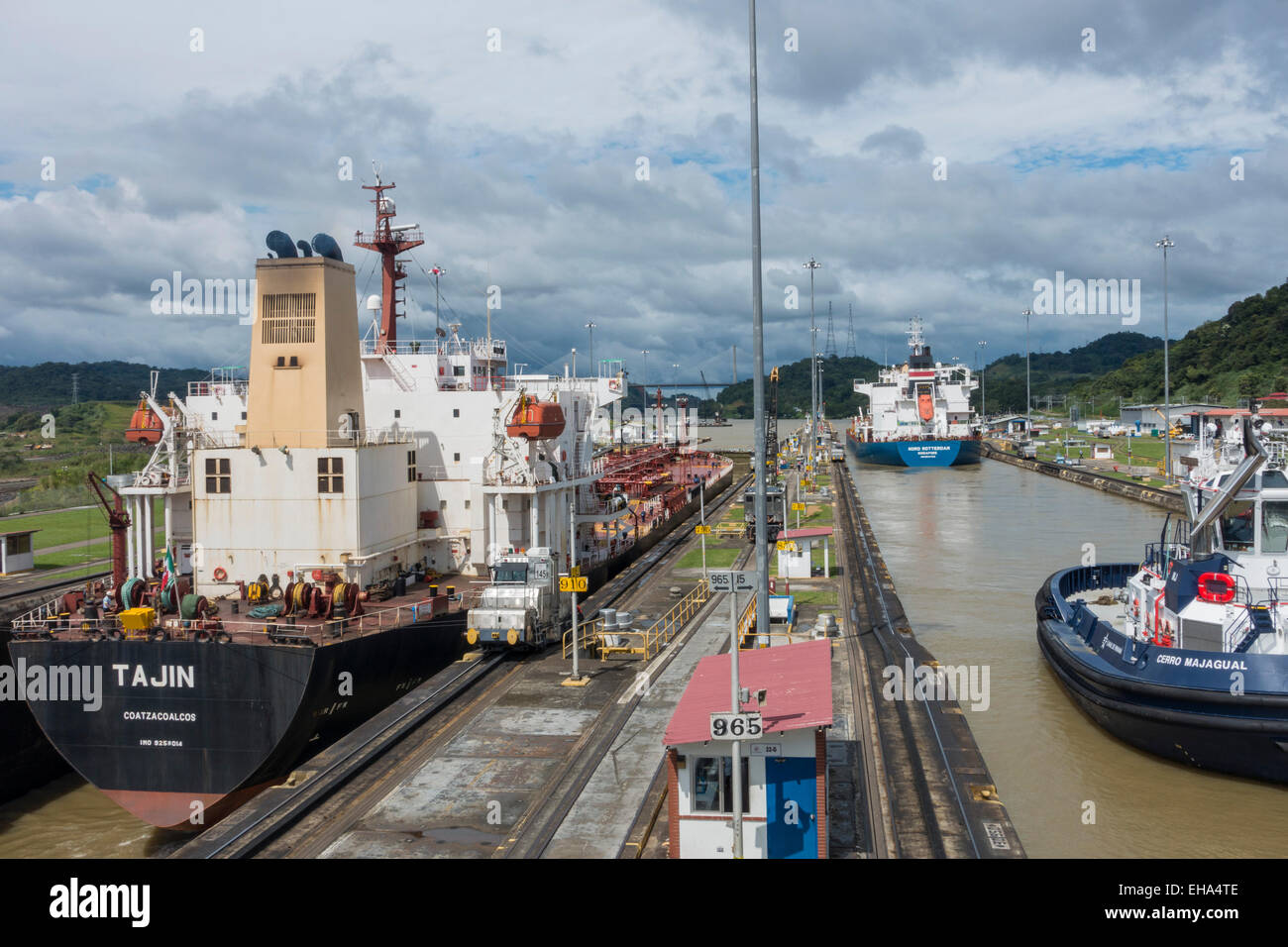 Cargo Ship, Inside Operations in Panama Canal, Panama Stock Photo