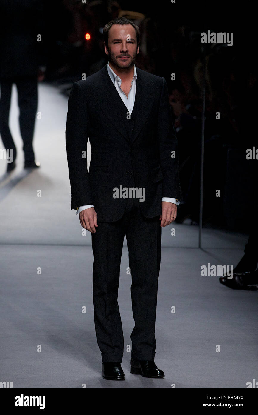 UNITED KINGDOM, London : Designer Tom Ford thanks the audience at the end of his shown during the 2014 Autumn / Winter London Fashion Week in London on February 17, 2014. Stock Photo