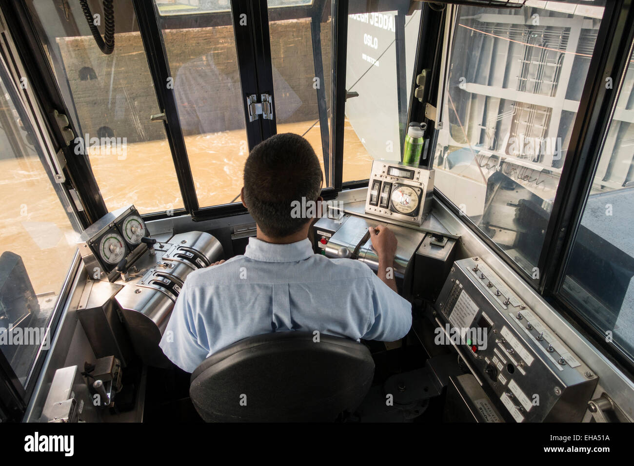 Crane Operator in Panama Canal, Panama Stock Photo