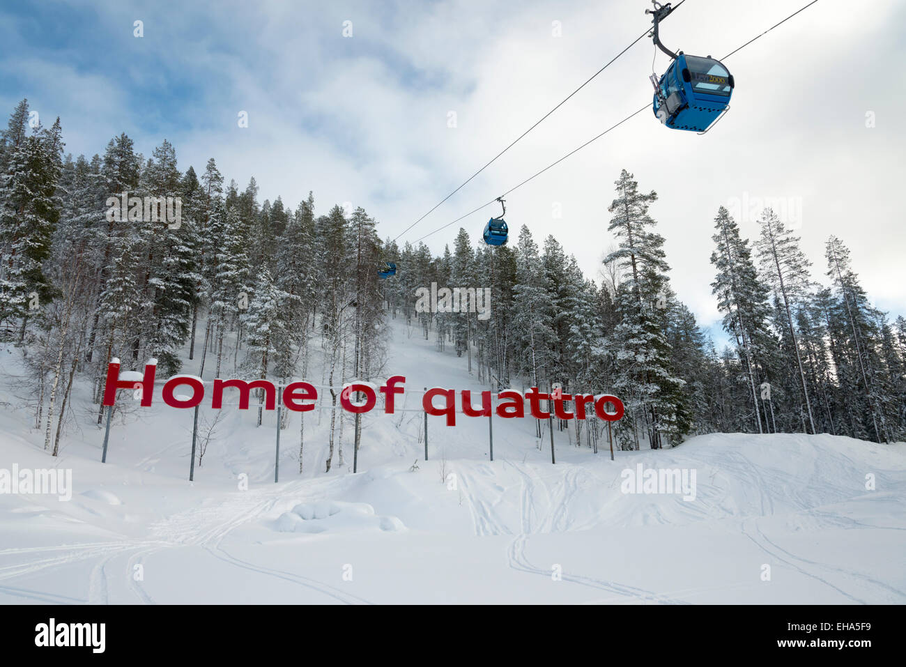 Home of Quattro sign an Audi advertisement built on the ski slopes at Levi  Lapland Finland Stock Photo - Alamy
