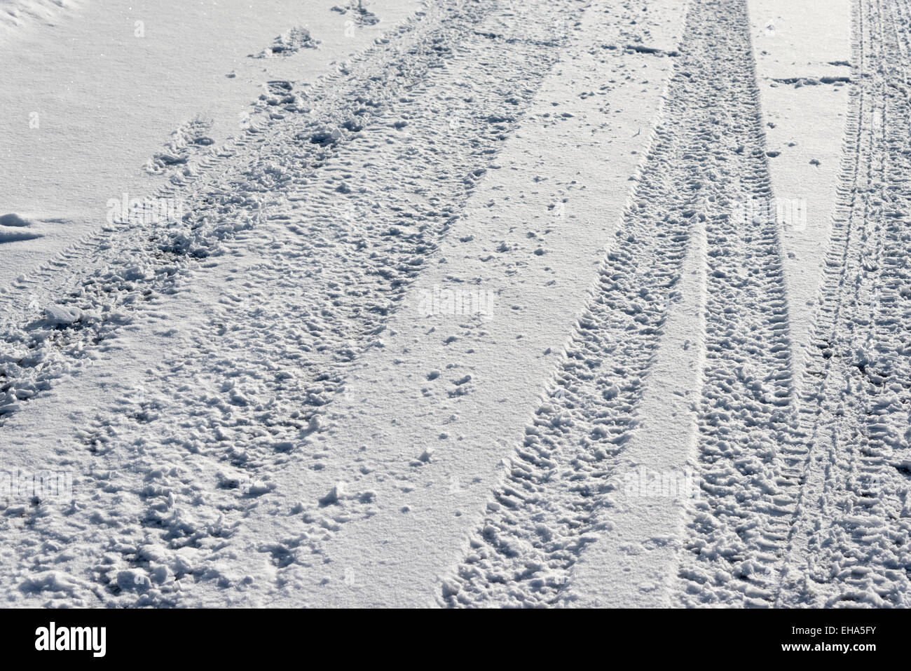 Tyre tracks in the snow.  Winter driving. Stock Photo