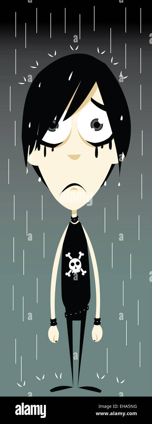 a vector cartoon representing a funny emo boy, sadly standing in the rain - every object is singly grouped, you can easily remov Stock Photo