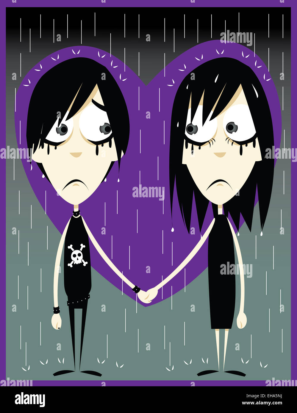 a vector cartoon representing a couple of young emos, just fallen in love Stock Photo