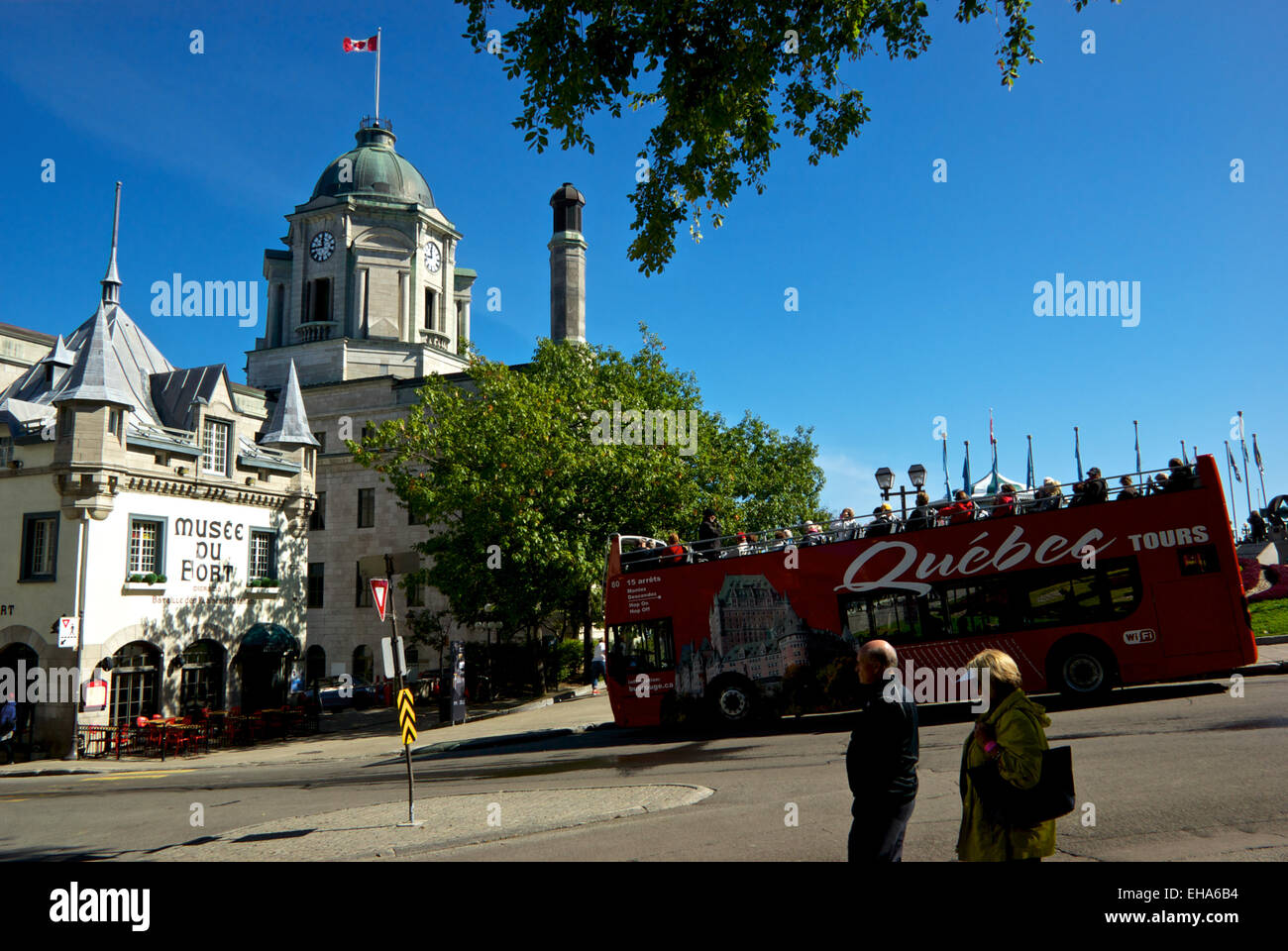 Red double decker tour bus Musee du Fort upper old Quebec City Stock Photo
