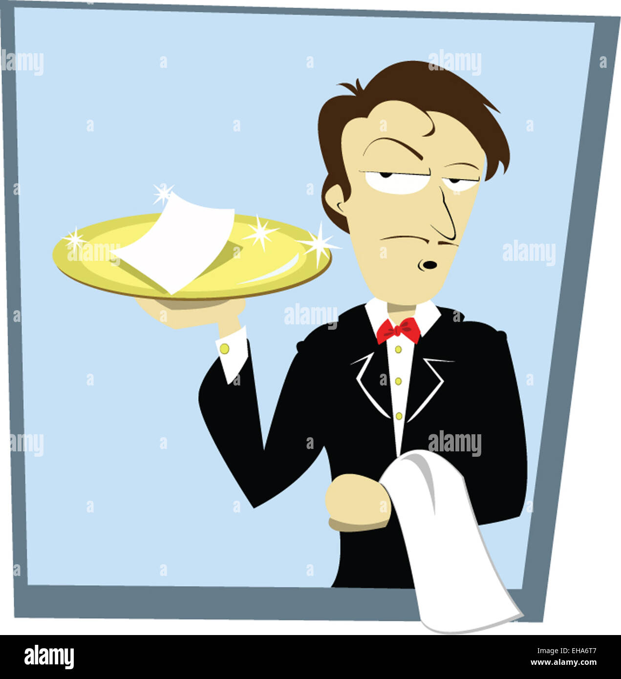 a vector cartoon representing a funny sommelier serving a bill Stock Photo