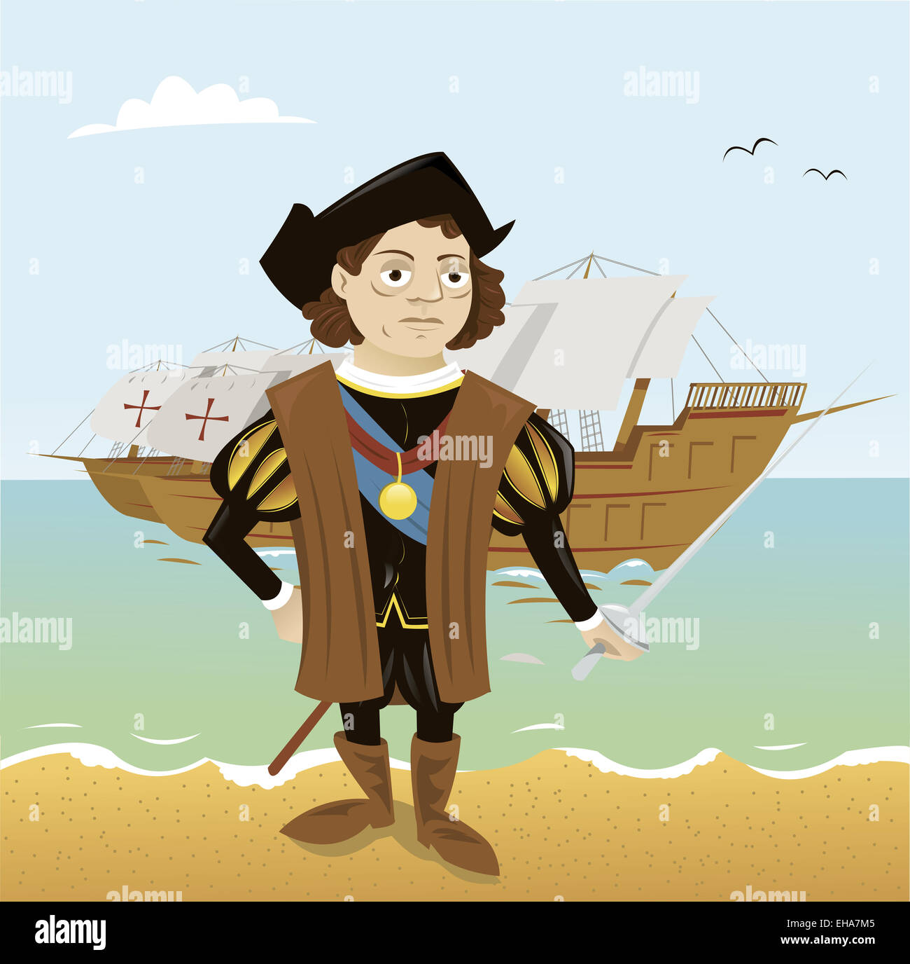 a vector cartoon representing a funny Christopher Columbus, just arrived in America Stock Photo