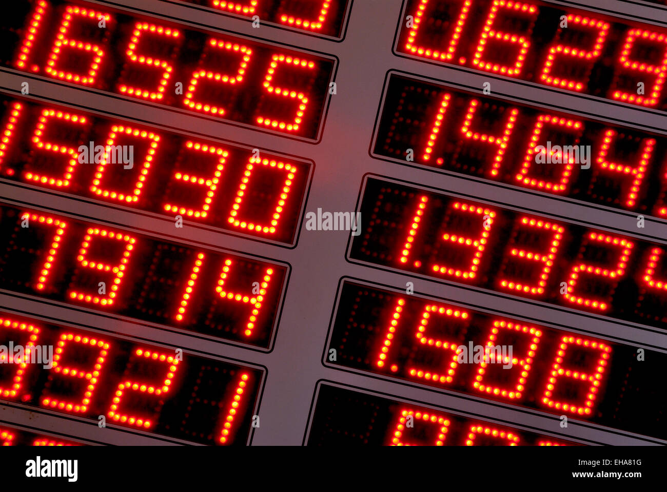 Display showing foreign currency exchange rates in a Money exchange office Stock Photo