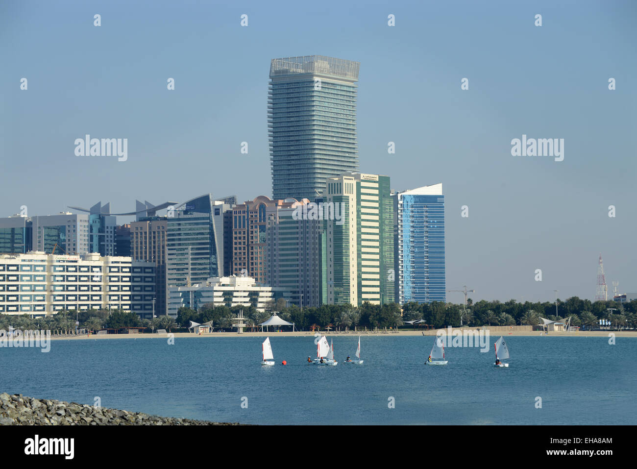 ABU DHABI- The attractive open public spaces which surround this part of the Arabian Gulf Stock Photo