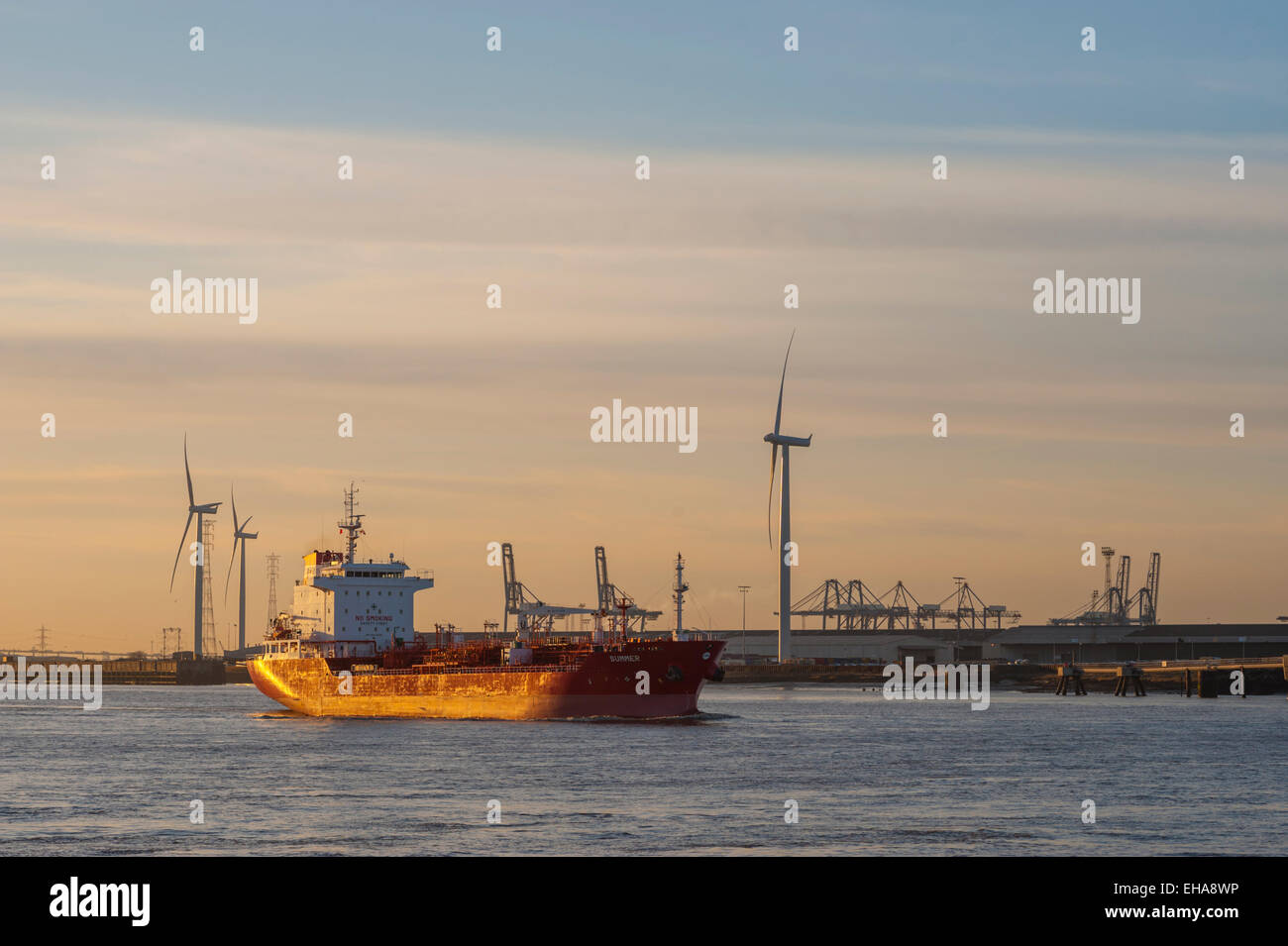 Oil tanker 'summer' passing down stream on the river thames seen from gravesend. Stock Photo