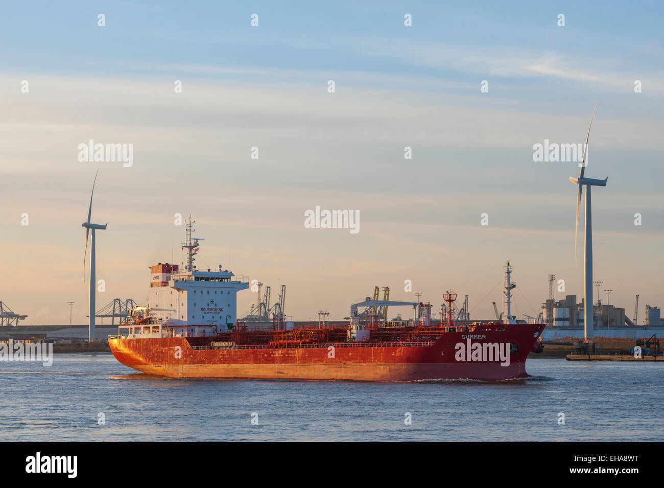 Oil tanker 'summer' passing down stream on the river thames seen from gravesend. Stock Photo