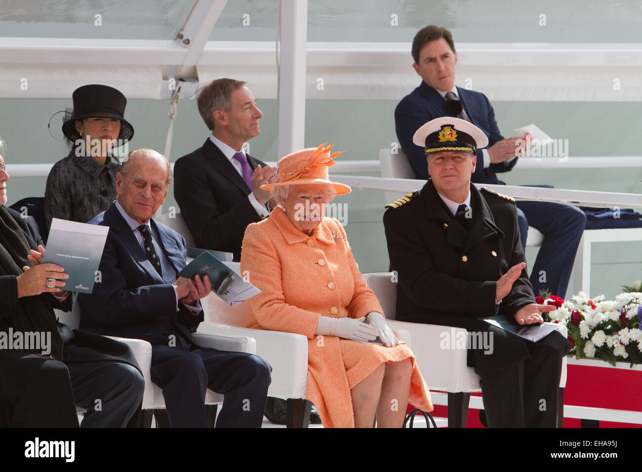 Captain Paul Brown claps during the naming ceremony of the Britannia in Southampton Stock Photo