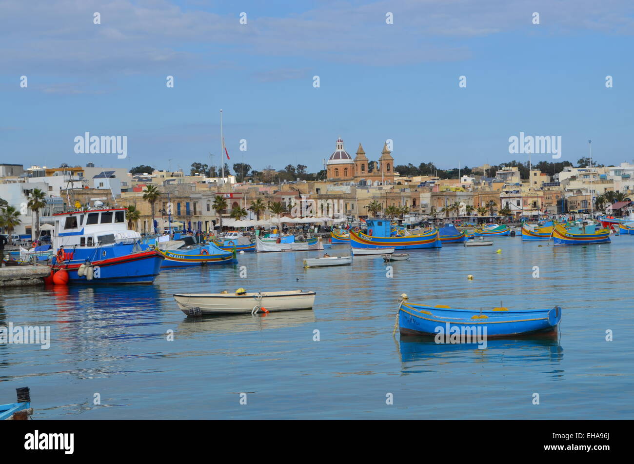 Malta, Marsaxlokk (pro. Marsa-shlock), a pretty little fishing village just sout of Valletta. As well as being photogenic there Stock Photo