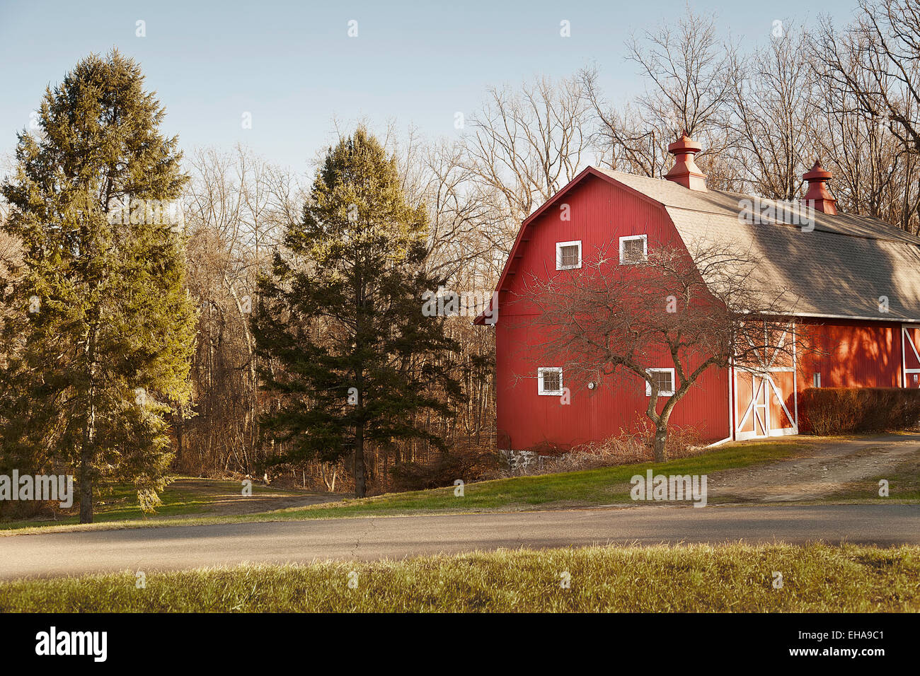 And old red barn on a farm with trees in a field. Stock Photo