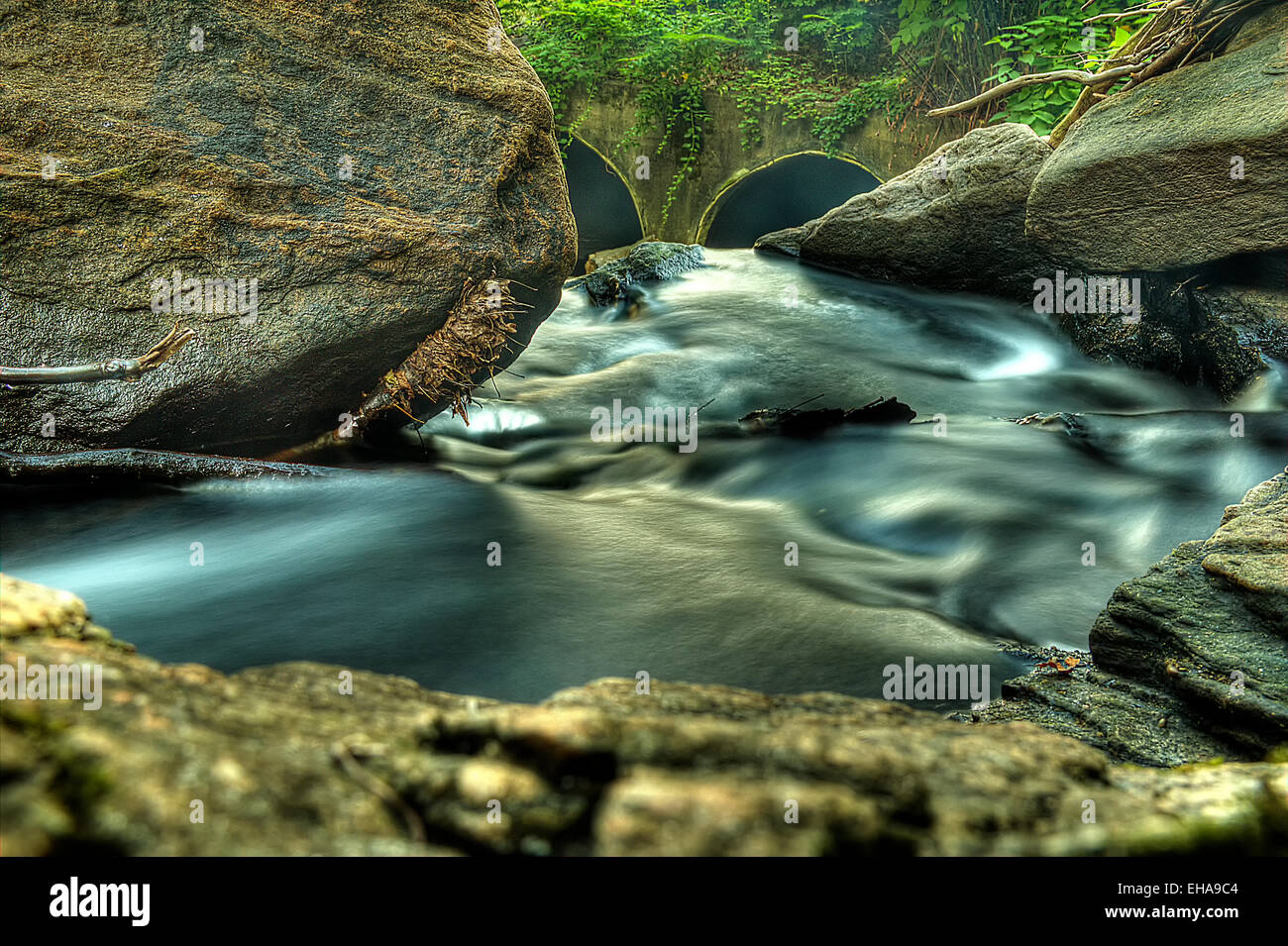 A closeup, long exposure shot of a forest stream traveling through some rocks. Stock Photo