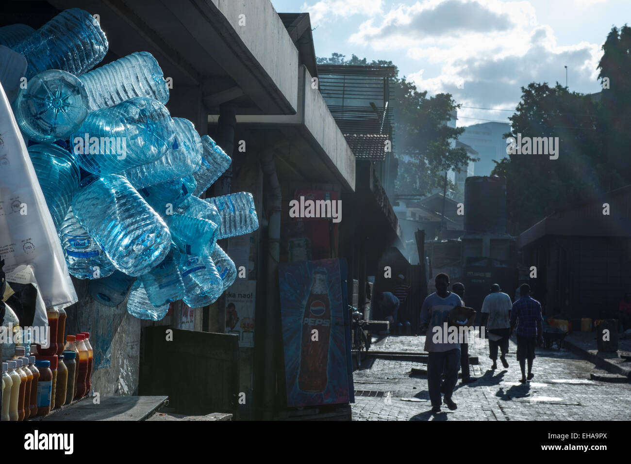 Dar Es Salaam, Fish Market, Street With Empty Plastic Water Bottles Stock Photo