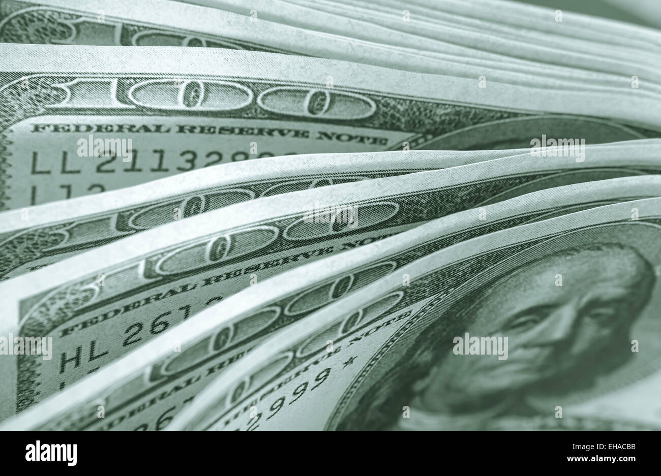 An abstract of one hundred American dollar bills with narrow depth of field. Stock Photo