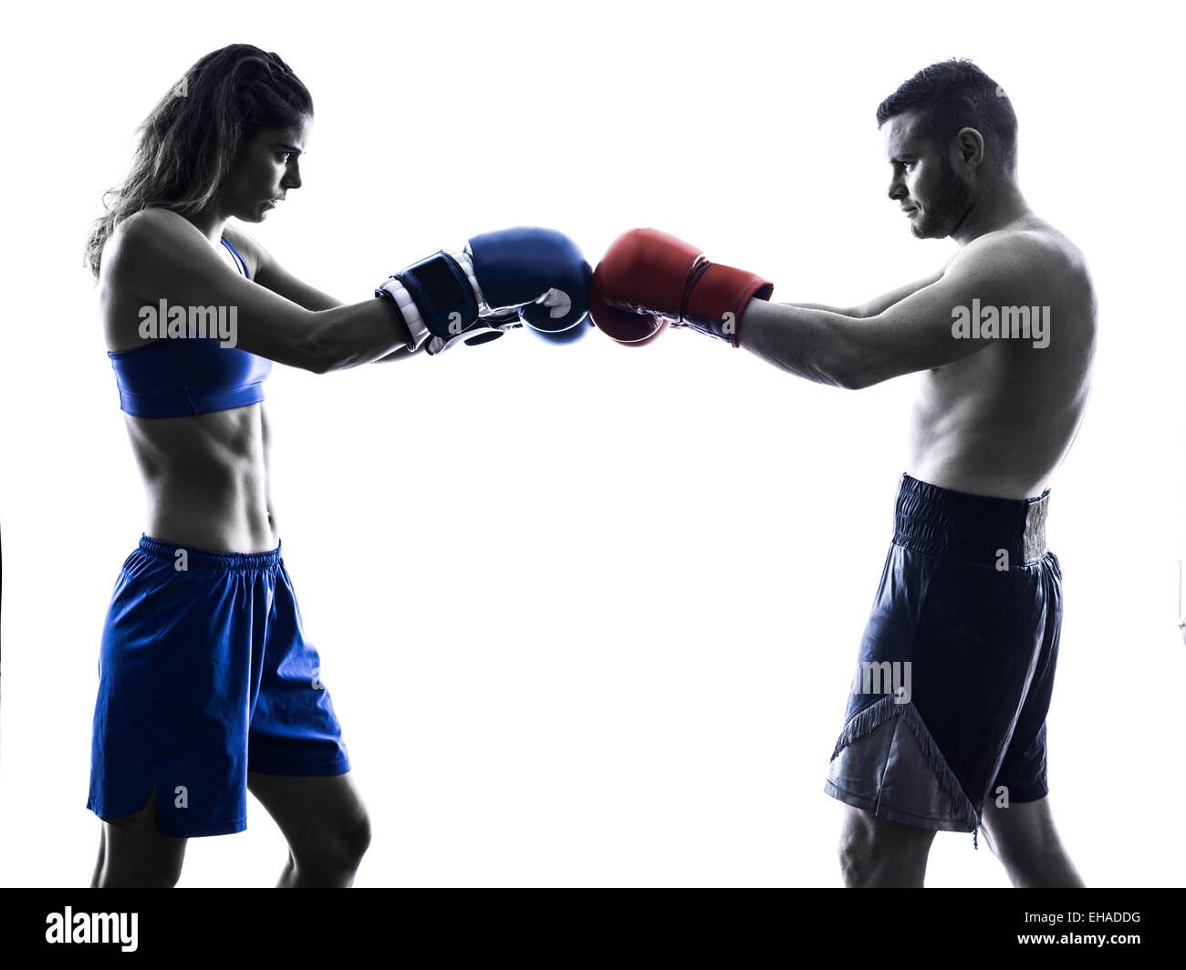 one woman boxer boxing one man  kickboxing in silhouette isolated on white background Stock Photo