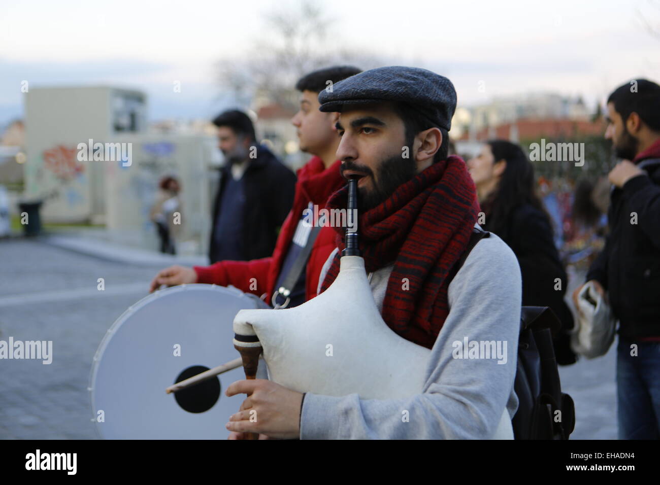 Athens, Greece. 10th March 2015. Traditional Greek bagpipe player