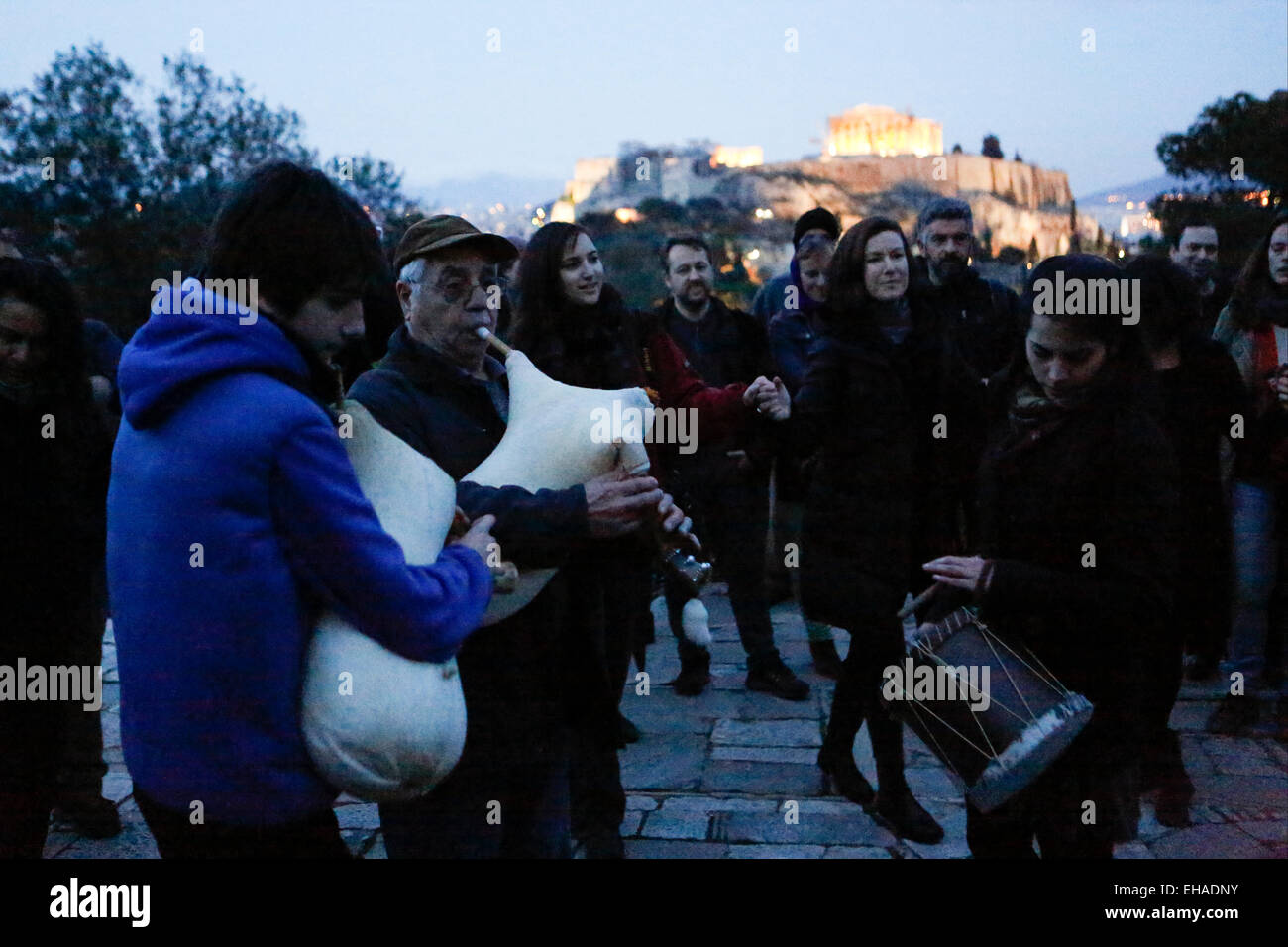 Athens, Greece. 10th March 2015. A group with two Greek bagpipes and a