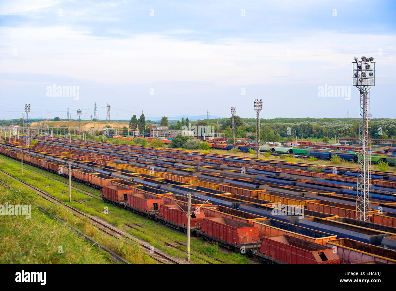 Freight trains on city cargo terminal Stock Photo