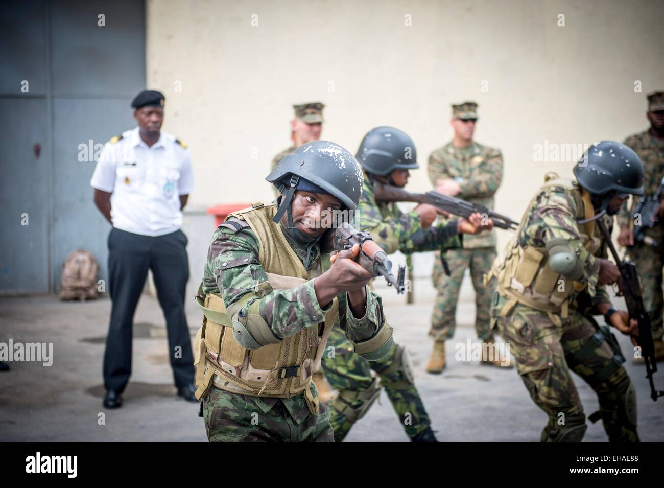 Angolan marines demonstrate close quarter battle techniques during a training session with U.S. Marines March 4, 2015 in Luanda, Angola. Stock Photo