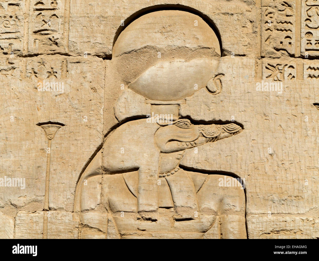 Sobek relief at The Temple of Haroeris and Sobek at Kom Ombo in the Nile Valley, Upper Egypt Stock Photo
